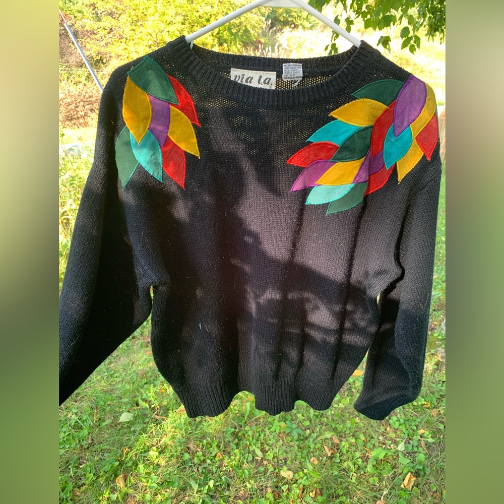 Black Sweater with Colorful Leaf Accents